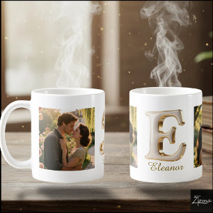 Luxury Cursive Gold White Initial  E + 2 PHOTO Coffee Mug