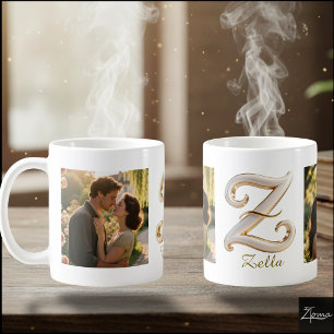 Luxury Cursive Gold White Initial  Z + 2 PHOTO Coffee Mug