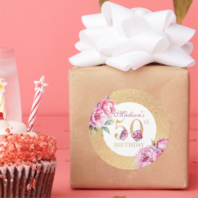 Luxury Custom 50th Birthday Peonies Gold Glitter  Classic Round Sticker (Party)