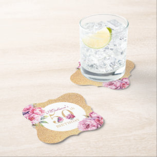 Luxury Custom 50th Birthday Peonies Gold Glitter  Paper Coaster