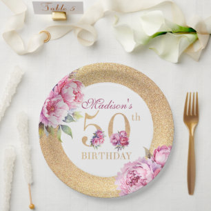Luxury Custom 50th Birthday Peonies Gold Glitter Paper Plate