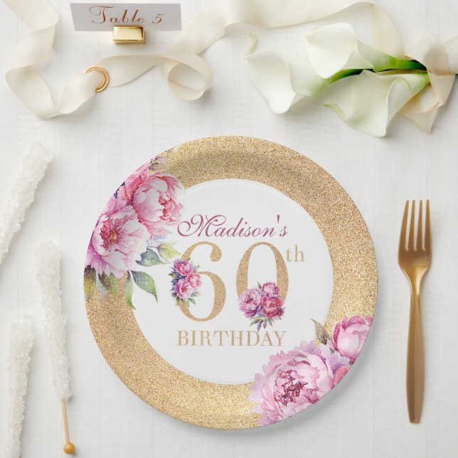 Luxury Custom 60th Birthday Peonies Gold Glitter  Paper Plate (Wedding)