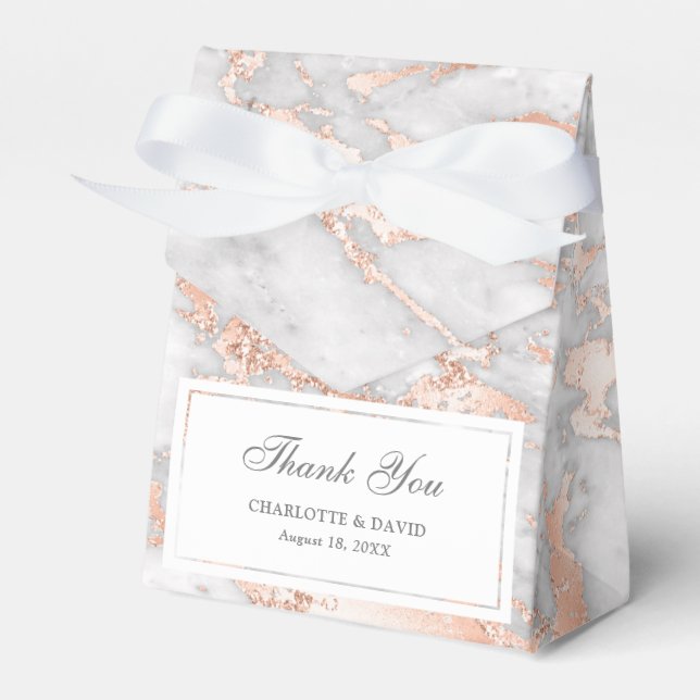 Luxury Custom Rose Gold and White Marble Wedding Favor Box (Front Side)