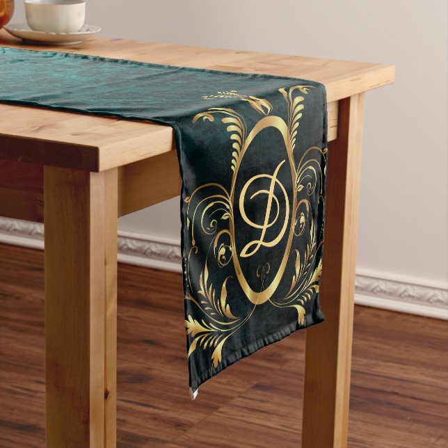 Luxury Damask gold Frame Personalized Short Table Runner (In Situ)