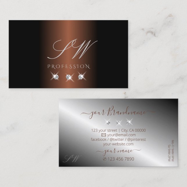 Luxury Dark Brown Silver Sparkle Diamonds Monogram Business Card (Front/Back)
