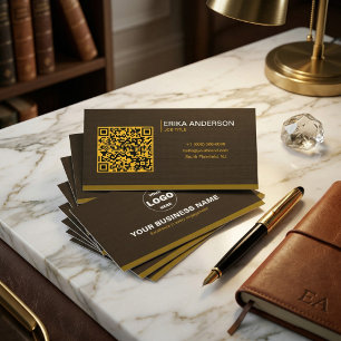 Luxury Dark Brown Textured QR Code Minimal Gold  Business Card