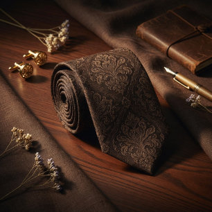 Luxury Dark Espresso Brown Baroque Damask  Tie
