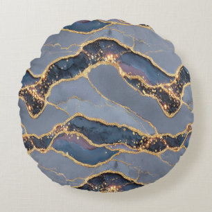 Luxury Dark Gray Marble Texture with Gold Veins Round Pillow