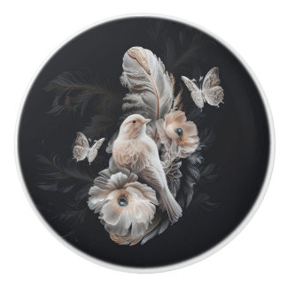 Luxury Dark Print Knob, Bird, Flower and Feather 1 Ceramic Knob