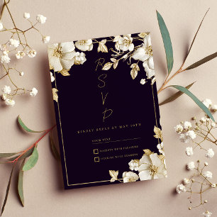 Luxury dark purple white gold floral RSVP Invitation