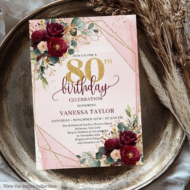 Luxury Dark Red Blush Gold Roses 80th Birthday  Invitation (Luxury Dark Red Blush Gold Roses 80th Birthday Invitation)