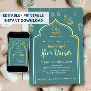 Luxury Dark Teal & Gold Arch Ramadan Iftar Invitation