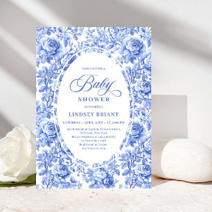 Luxury Deep Blue Toile Roses Baby Shower Invites