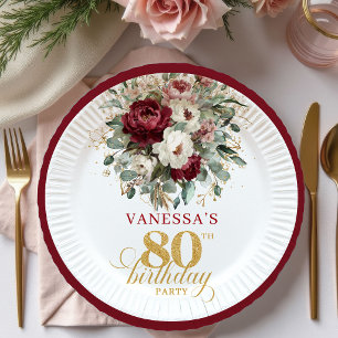 Luxury Deep Red Floral Gold 80th Birthday Paper Plate