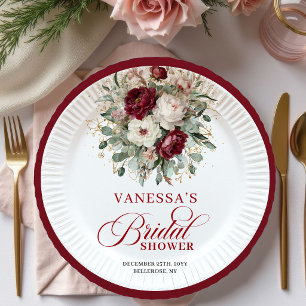 Luxury Deep Red Floral Gold Bridal Shower Paper   Plate