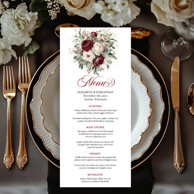 Luxury Deep Red Flowers Eucalyptus Gold Menu Card (Luxury Deep Red Flowers Eucalyptus Gold Menu Card)