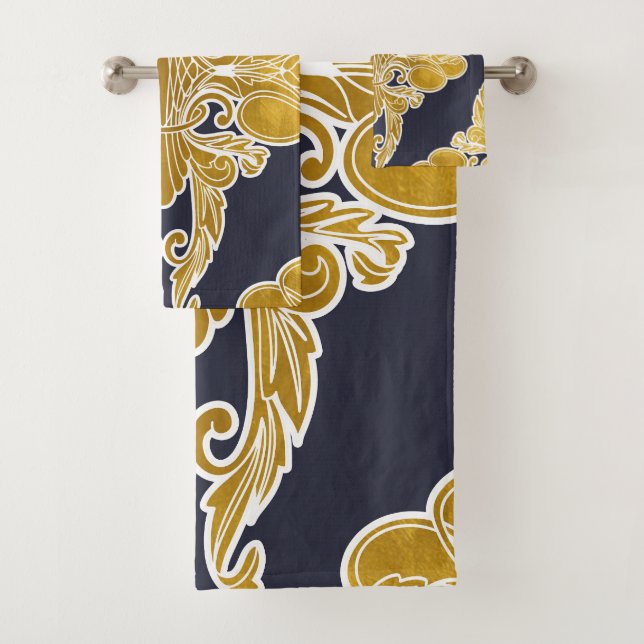 Luxury design, floral pattern, navy blue, gold bath towel set (Insitu)