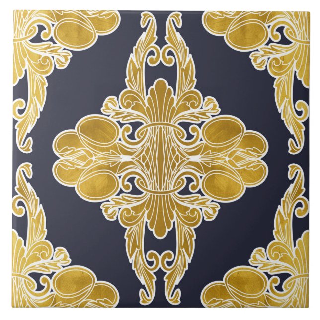 Luxury design, floral pattern, navy blue, gold tile (Front)