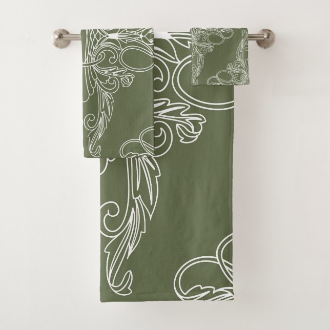 Luxury design, floral pattern, olive green, white bath towel set (Insitu)