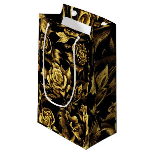 luxury design with golden roses on a black small gift bag