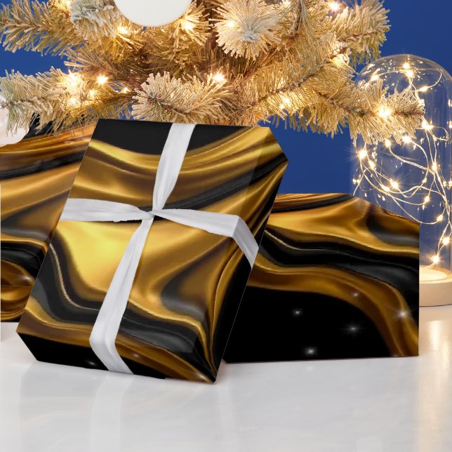 Luxury Designer Black & Gold Liquid Swirl Pattern Wrapping Paper (Holidays)