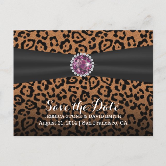 Luxury Diamond Gems Leopard Print Save the Date Announcement Postcard (Front)