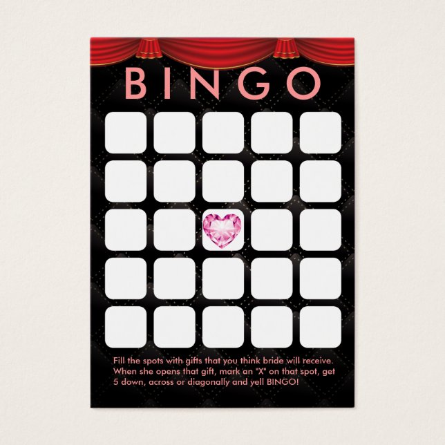 Luxury Diamond Heart Bridal Shower 5x5 Bingo Card (Front)