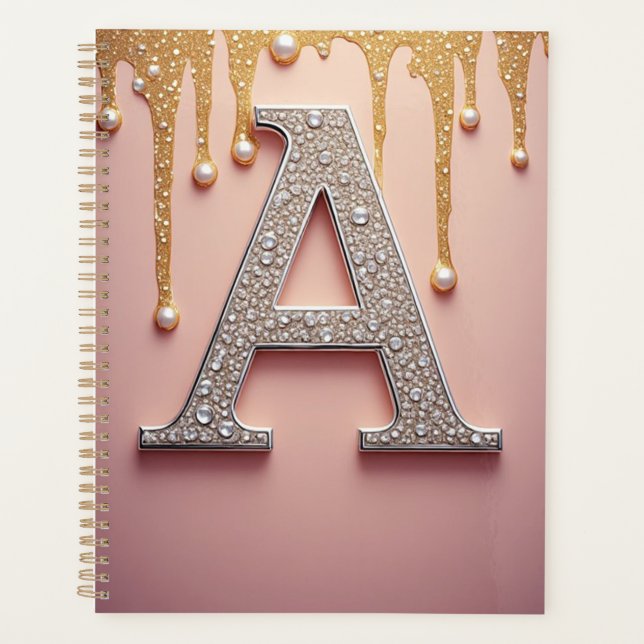 Luxury Diamond Letter A Monogram With Gold Drips Planner (Front)