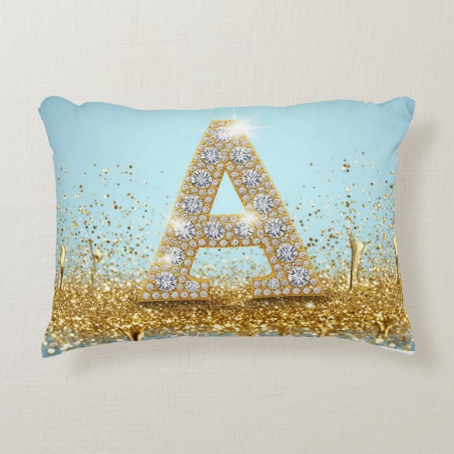 Luxury Diamond Letter A on Gold Glitter Background Accent Pillow (Front)