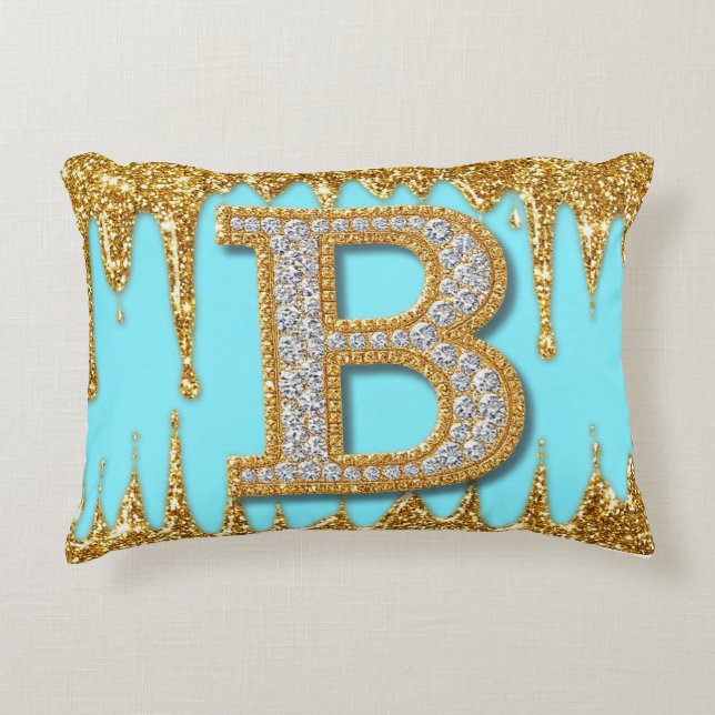 Luxury Diamond Letter B on Gold Glitter Background Accent Pillow (Front)