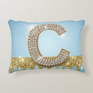 Luxury Diamond Letter C on Gold Glitter Background Accent Pillow