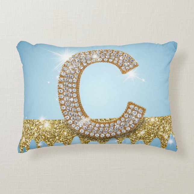 Luxury Diamond Letter C on Gold Glitter Background Accent Pillow (Front)