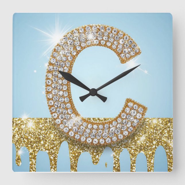 Luxury Diamond Letter C on Gold Glitter Background Square Wall Clock (Front)