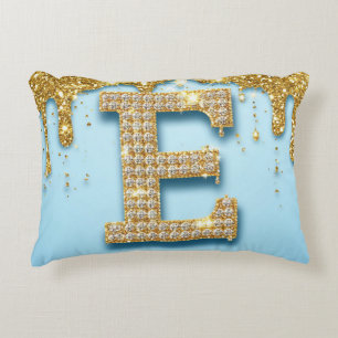 Luxury Diamond Letter E on Gold Glitter Background Accent Pillow