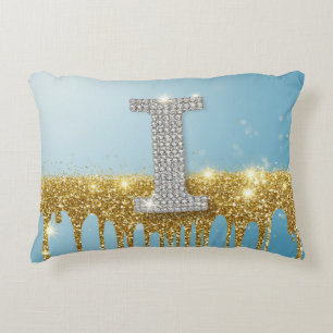 Luxury Diamond Letter I on Gold Glitter Background Accent Pillow