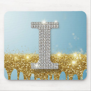 Luxury Diamond Letter I on Gold Glitter Background Mouse Pad