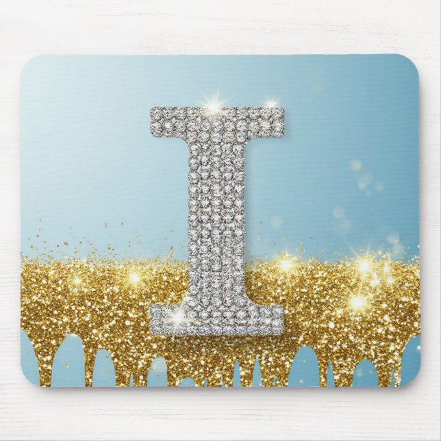 Luxury Diamond Letter I on Gold Glitter Background Mouse Pad (Front)