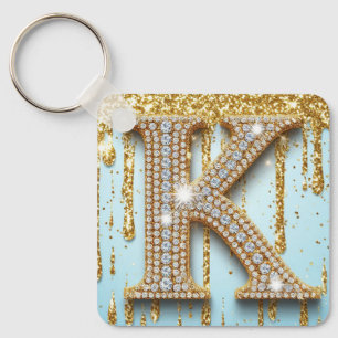 Luxury Diamond Letter K on Gold Glitter Background Keychain
