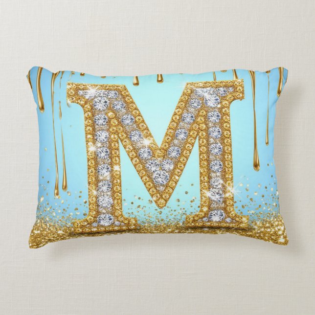 Luxury Diamond Letter M on Gold Glitter Background Accent Pillow (Front)
