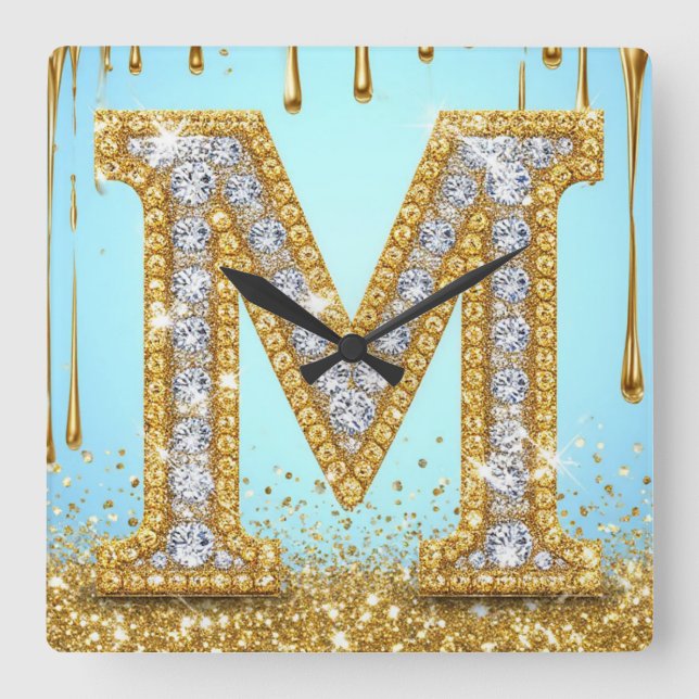 Luxury Diamond Letter M on Gold Glitter Background Square Wall Clock (Front)
