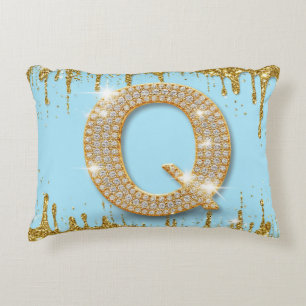 Luxury Diamond Letter Q on Gold Glitter Background Accent Pillow