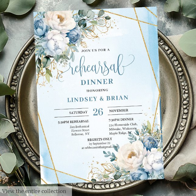 Luxury Dusty Blue Floral Gold Rehearsal Invitation (Luxury Dusty Blue Floral Gold Rehearsal Invitation)