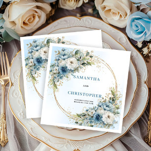 Luxury Dusty Blue Floral Gold Wedding Napkins