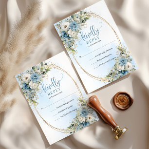 Luxury Dusty Blue Floral Gold Wedding RSVP Card