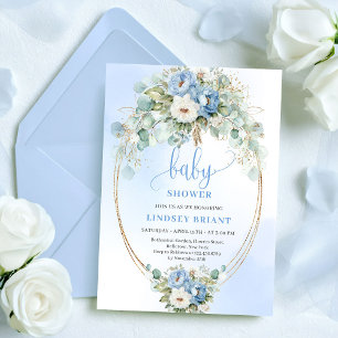 Luxury Dusty Blue Flowers Eucalyptus Gold Baby  Invitation