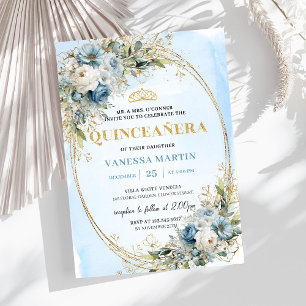 Luxury Dusty Blue Gold Greenery Quinceañera Invitation