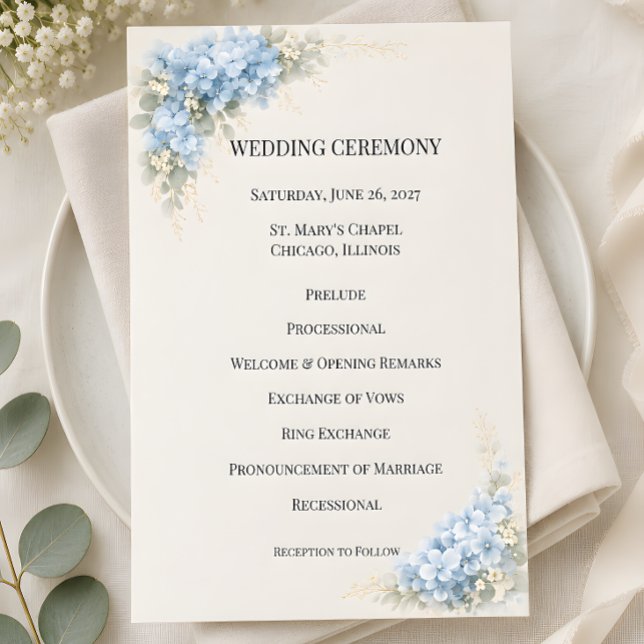 Luxury Dusty Blue Hydrangea Wedding Program (Part of the luxury dusty blue hydrangea wedding collection, program)