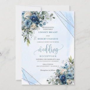 Luxury Dusty Blue Silver Floral Wedding Reception Invitation