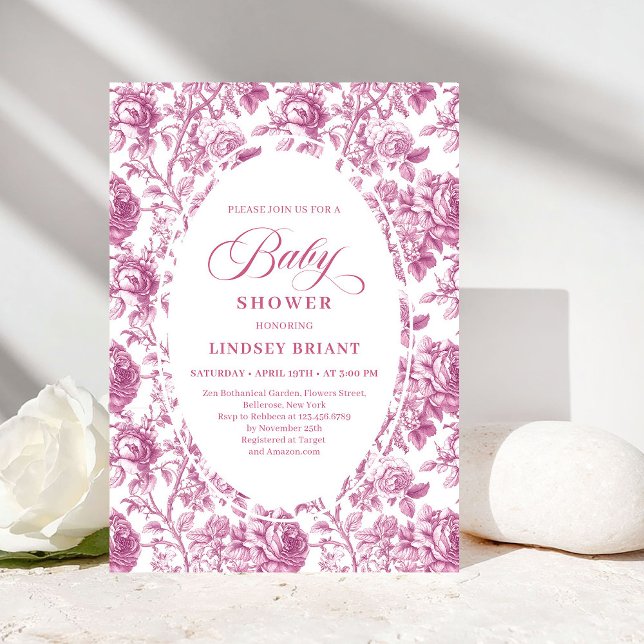 Luxury Dusty Rose Floral Toile Baby Shower Invite (Luxury Dusty Rose Floral Toile Baby Shower Invitation)