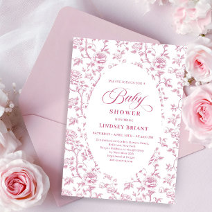 Luxury Dusty Rose Floral Toile Baby Shower Invite